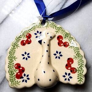 Polish Pottery Decorative Peacock Christmas Ornament Floral Red Birds & Berries